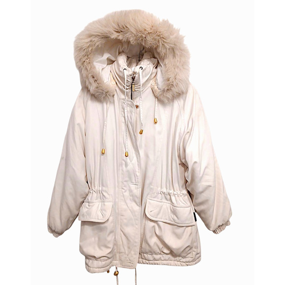 IZZI Rothschild FOX FUR Detachable Hood Parka Jacket Womens Size S Ivory Vintage - Picture 1 of 16